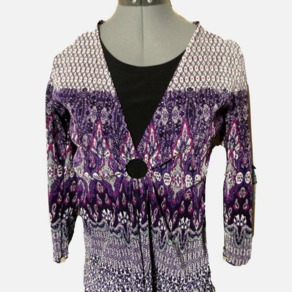 NOTATIONS Ring front Layered look Blouse S Purple Pink Scarf print ScoopNeck top - Picture 2 of 6